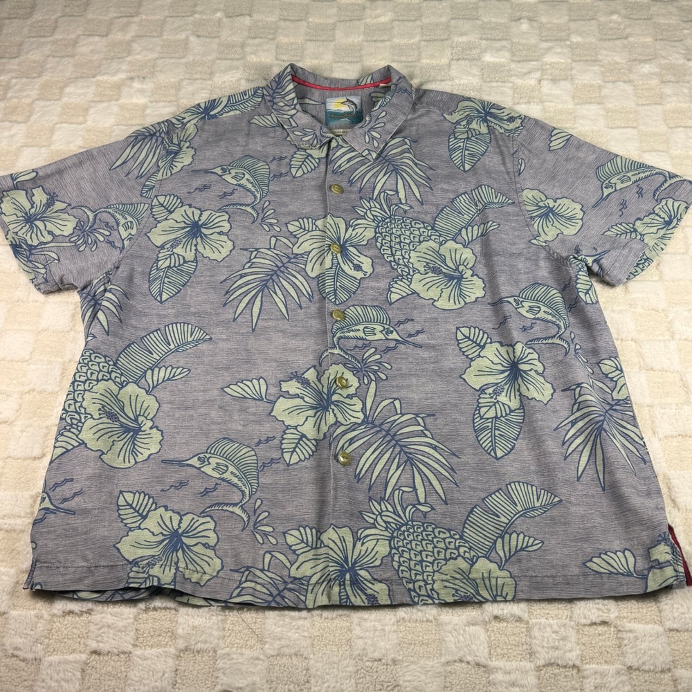 Tommy Bahama XXL Mens Silk Shirt Island Modern‎ Fit Grey Tropical Floral Marlin